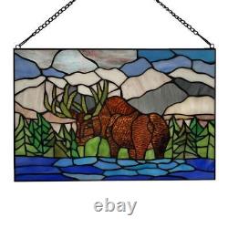 River of Goods Window Panel 18.25 W, Stained Glass Moose Brown, Blue + Green