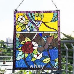 Rose Flower Stained Glass Tiffany Style Window Panel Floral Design 24H