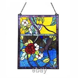 Rose Flower Stained Glass Tiffany Style Window Panel Floral Design 24H