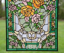 Rose Flower Tiffany Style stained glass window panel, 20 x 34