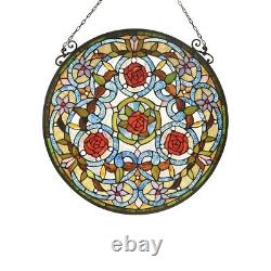 Rose Flowers Tiffany Style Stained Glass Hanging Window Panel Floral Design