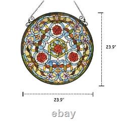 Rose Flowers Tiffany Style Stained Glass Hanging Window Panel Floral Design