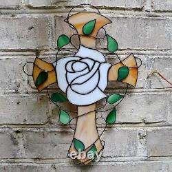 Rosicrucian White Rose Cross Stained Glass Suncatcher Christian Window Panel