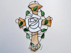 Rosicrucian White Rose Cross Stained Glass Suncatcher Christian Window Panel