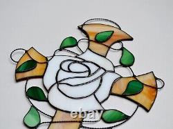 Rosicrucian White Rose Cross Stained Glass Suncatcher Christian Window Panel