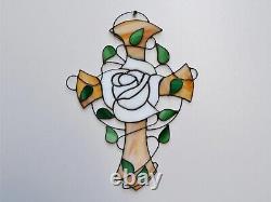 Rosicrucian White Rose Cross Stained Glass Suncatcher Christian Window Panel