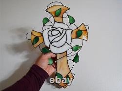 Rosicrucian White Rose Cross Stained Glass Suncatcher Christian Window Panel