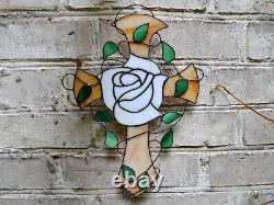 Rosicrucian White Rose Cross Stained Glass Suncatcher Christian Window Panel