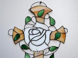 Rosicrucian White Rose Cross Stained Glass Suncatcher Christian Window Panel