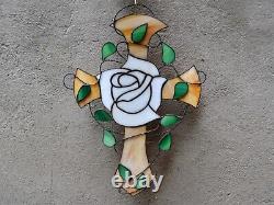 Rosicrucian White Rose Cross Stained Glass Suncatcher Christian Window Panel