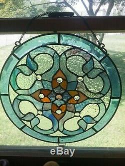 Round Tiffany Style Stained Glass Victorian Window Panel jeweled/ beveled 12