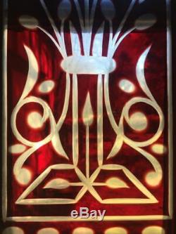 Ruby red cut to clear Victorian stained glass panel 1870s-80s Philadelphia brass