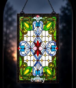 SPLENDID Stained Glass Window Panel Floral Hanging Suncatcher 29x17 Art Nouveau