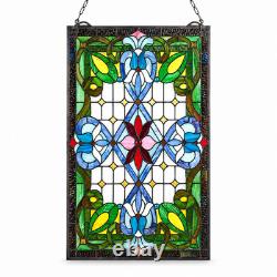 SPLENDID Stained Glass Window Panel Floral Hanging Suncatcher 29x17 Art Nouveau