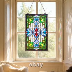 SPLENDID Stained Glass Window Panel Floral Hanging Suncatcher 29x17 Art Nouveau