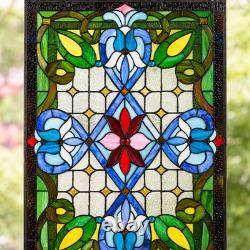 SPLENDID Stained Glass Window Panel Floral Hanging Suncatcher 29x17 Art Nouveau