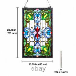 SPLENDID Stained Glass Window Panel Floral Hanging Suncatcher 29x17 Art Nouveau