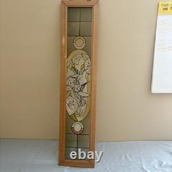 STAINED GLASS 40x9 WINDOW PANEL OAK FRAMED BLUE/CLEAR ETCHED HUMMINGBIRD Flower