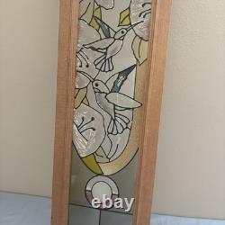STAINED GLASS 40x9 WINDOW PANEL OAK FRAMED BLUE/CLEAR ETCHED HUMMINGBIRD Flower