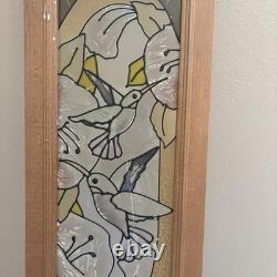 STAINED GLASS 40x9 WINDOW PANEL OAK FRAMED BLUE/CLEAR ETCHED HUMMINGBIRD Flower