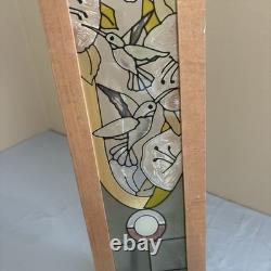 STAINED GLASS 40x9 WINDOW PANEL OAK FRAMED BLUE/CLEAR ETCHED HUMMINGBIRD Flower