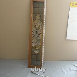 STAINED GLASS 40x9 WINDOW PANEL OAK FRAMED BLUE/CLEAR ETCHED HUMMINGBIRD Flower