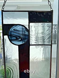 STAINED GLASS LEADED WINDOW PANEL GEOMETRIC ARTISAN MADE 24.75 x 9.75