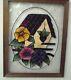 STAINED GLASS Panel, Hand Painted Flowers and Birdhouse Art withWooden Frame & Cha