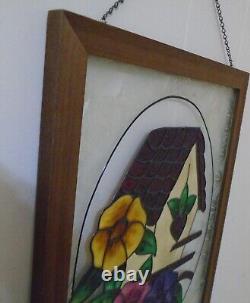 STAINED GLASS Panel, Hand Painted Flowers and Birdhouse Art withWooden Frame & Cha