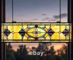 STUNNING Art Deco Stained Glass Window Panel Hanging Suncatcher Amber Blue 32
