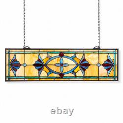 STUNNING Art Deco Stained Glass Window Panel Hanging Suncatcher Amber Blue 32
