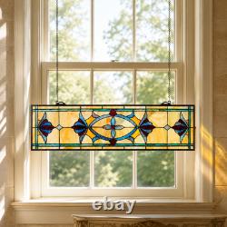 STUNNING Art Deco Stained Glass Window Panel Hanging Suncatcher Amber Blue 32
