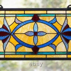 STUNNING Art Deco Stained Glass Window Panel Hanging Suncatcher Amber Blue 32