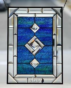 STUNNING Beveled& Jeweled Stained Glass Window Panel- 21 7/8 x 15 5/8