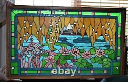 STUNNING STAINED GLASS WINDOW PANEL With WATERLILY LOTUS FLOWER POND 35.5 X 21.5