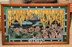 STUNNING STAINED GLASS WINDOW PANEL With WATERLILY LOTUS FLOWER POND 35.5 X 21.5