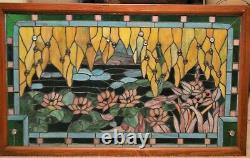 STUNNING STAINED GLASS WINDOW PANEL With WATERLILY LOTUS FLOWER POND 35.5 X 21.5