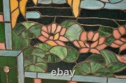 STUNNING STAINED GLASS WINDOW PANEL With WATERLILY LOTUS FLOWER POND 35.5 X 21.5