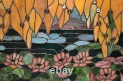 STUNNING STAINED GLASS WINDOW PANEL With WATERLILY LOTUS FLOWER POND 35.5 X 21.5