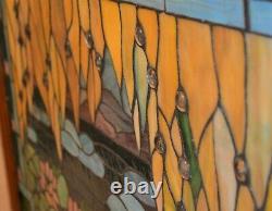 STUNNING STAINED GLASS WINDOW PANEL With WATERLILY LOTUS FLOWER POND 35.5 X 21.5