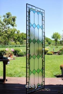 Sea Green Stained Glass Window Panel 60x 20 Frosted Beveled Border, Green Bev