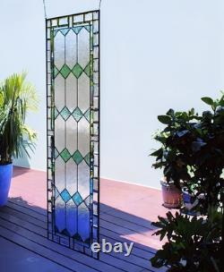 Sea Green Stained Glass Window Panel 60x 20 Frosted Beveled Border, Green Bev