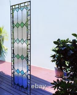 Sea Green Stained Glass Window Panel 60x 20 Frosted Beveled Border, Green Bev