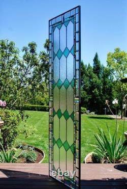 Sea Green Stained Glass Window Panel 60x 20 Frosted Beveled Border, Green Bev
