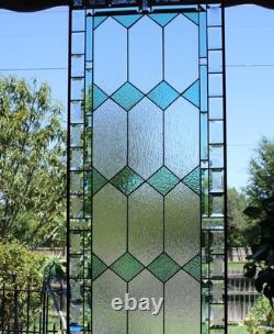 Sea Green Stained Glass Window Panel 60x 20 Frosted Beveled Border, Green Bev