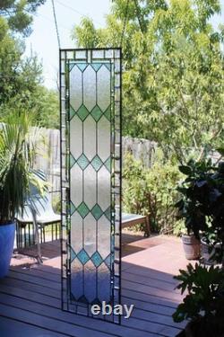 Sea Green Stained Glass Window Panel 60x 20 Frosted Beveled Border, Green Bev