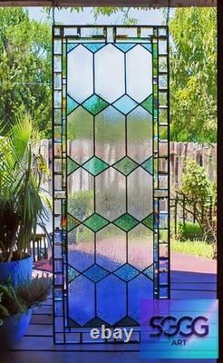 Sea Green Stained Glass Window Panel 60x 20 Frosted Beveled Border, Green Bev