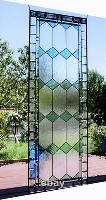 Sea Green Stained Glass Window Panel 60x 20 Frosted Beveled Border, Green Bev