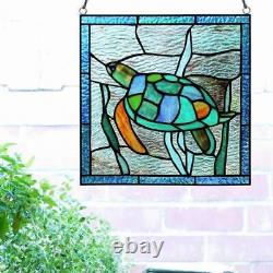 Sea Turtule Hanging Window Panel Suncatcher Tiffany Style Stained Glass 10x10in