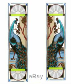 Set/2 Peacock Bird Art Glass Window Panel Suncatcher 10.25 x 42 Home Decor